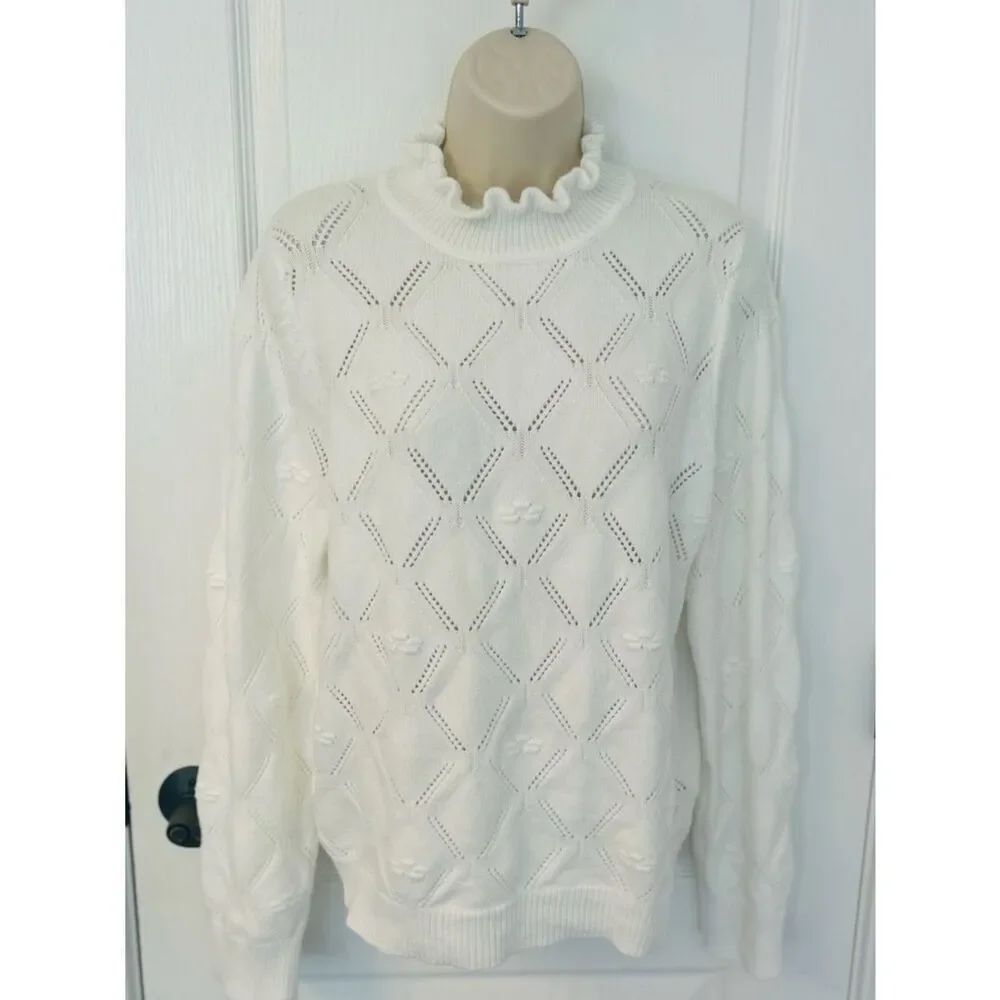 Nanette Lepore Ruffled Neck White Openwork Knit Sweater!